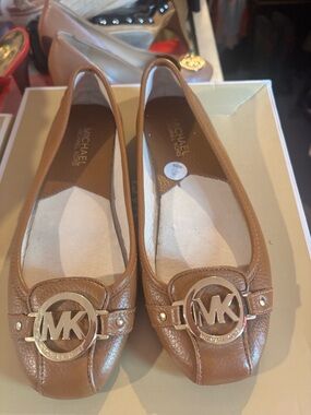 Michael Kors Cognac Leather MK Logo Ballet Flats